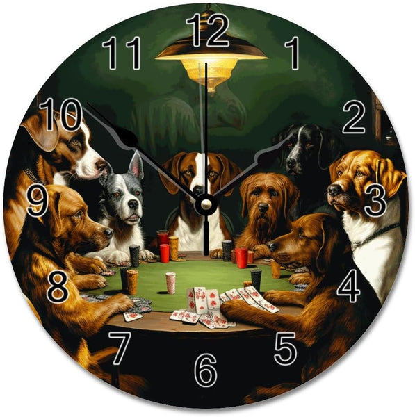 NEW VinMea Round Hanging Clock,Dog Playing Poker Wall Clock Silent Non Ticking Decorative Home Clocks for Living Room Bedrooms Wall Clock Round,12 Inch