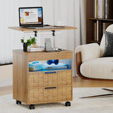 NEW Assembled Multi-purpose Smart Modern Nightstand End Table with LED & Adjustable Height, 2-Drawer Rolling with swivel top, Charging Station, Wood