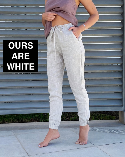 NEW Women's Drawstring Slim Fit Natural Linen Pant with Pockets Lightweight Breathable - Color: WHITE - Size M Fits S-M - Retails $72