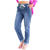 NEW Wangxldd Womens Casual Elastic Waist Pull On Jeans Lightweight Drawstring Casual Denim Pants with Pockets, Blue, Sz L