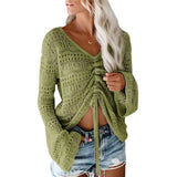 NEW Women Crochet Top Drawstring Oversized Lace Up Lightweight Flare Arm Top, Green, Sz XL