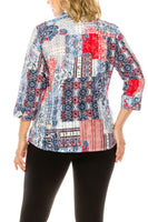 New ALLISON DALEY RED BLUE PATCH PRINT 3/4 SLEEVE BUTTON UP COLLARED TOP, SZ 12P! Retails $49+