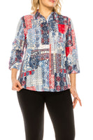 New ALLISON DALEY RED BLUE PATCH PRINT 3/4 SLEEVE BUTTON UP COLLARED TOP, SZ 8P! Retails $49+