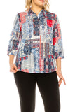 New ALLISON DALEY RED BLUE PATCH PRINT 3/4 SLEEVE BUTTON UP COLLARED TOP, SZ 8P! Retails $49+