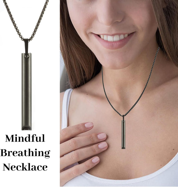 NEW UNISEX Necklace Stainless Steel Mindful Necklace for Breathing Exercises Relaxation Anxiety Relief Anapana Breathing Necklace Jewelry, Black