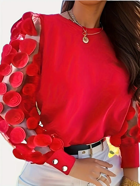 New Applique Crew Neck Blouse, Elegant Long Illusion Sleeve Blouse in Red Sz S