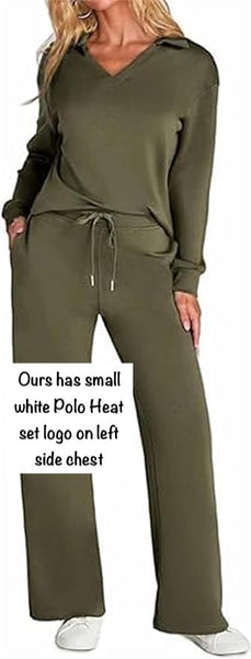 NEW Women's 2 Piece Sets Outfits Casual Long Sleeve Sweatsuits Sets, Wide Leg Pants Sets, Army Green, Sz M (Ours has small white heat set polo logo on left side chest)