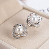 New Elegant Stud Earrings Women 925 Silver Plated Jewelry Cubic Zirconia faux Pearl