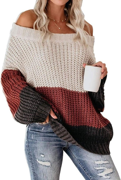 NEW VIMPUNEC Womens Oversized Sweater Color Block Off The Shoulder Pullover Sweaters Cable Knit Chunky Striped Tops, Sz L