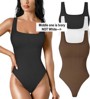 NEW TDIFFUN Womens 3 Piece Shapewear Bodysuit Tummy Control Thong Body Shaper Seamless Ribbed Square Neck Jumpsuit T-Back - Black, Ivory & Brown - Sz S