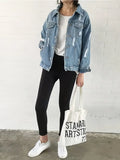 NEW Ripped Distressed Light Wash Blue Casual Denim Jacket, Women's, Sz L, Retails $69