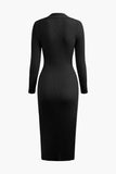 NEW Micas V-neck Rib Knit Collar Button Long Sleeve Midi Dress with stretch, Black, Sz L