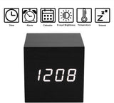 New LED Birch Black Wood Cube Voice Control Alarm Clock with temperature Bedside Table Square Clock Multipurpose, ours has red LED