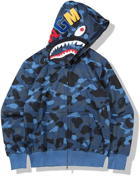 NEW Unisex BAPE Dupe Blue Camouflage Shark Head Sweater Hoodie Jacket Coat Winter Full Zip, Tag says L, Fits Men's M