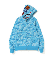 NEW Unisex BAPE Dupe Fire Camo Blue Camouflage Shark Head Sweater Hoodie Jacket Coat Winter Full Zip, Men's Sz S