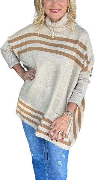 New Women's High Neck Bat Sleeve Striped Sweater, High Neck Bat Sleeve Sweater, Bat Sleeve Sweater Sz XL