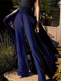 NEW Women's Sexy Cap Sleeve Jumpsuits Deep V Sequins Ruffle Wide Leg Loose Jumpsuits With Overskirt, Blue, Sz M, Retails $170