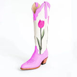 NEW Retails $225 Sz 7 FSJ Tulip Embroidered Chunky Heel Knee High Cowgirl Boots in Purple