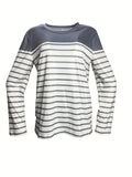 NEW Striped Crew Neck T-shirt, Casual Long Sleeve Top, Women's Clothing, Sz L