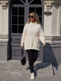 New Women's Oversized Fleece Lined Plain Split Hem Drawstring Hooded Long Sleeve Kangaroo Pocket Hoodie in Ivory, Sz XL