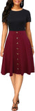 New BERYDRESS Women's Short Sleeve Colorblock Button Down Sundress Knee-Length Flared A-Line Casual Party Swing Dress with stretch, black & burgundy!  Sz XL