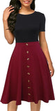 New BERYDRESS Women's Short Sleeve Colorblock Button Down Sundress Knee-Length Flared A-Line Casual Party Swing Dress with stretch, black & burgundy!  Sz XL