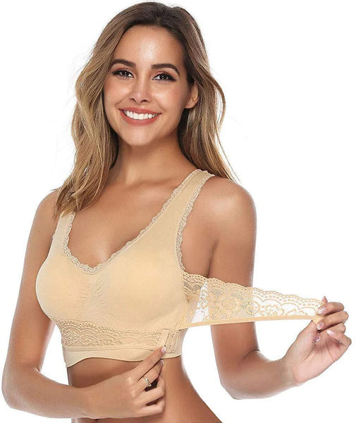 New Women Comfort Wireless Lace Lift Bra Classic Front Cross Side Buckle Yoga Sports Lace Bra, Beige, Sz S