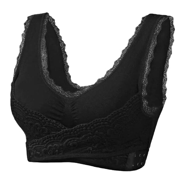 New Women Comfort Wireless Lace Lift Bra Classic Front Cross Side Buckle Yoga Sports Lace Bra, Black, Sz L