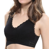 New Women Comfort Wireless Lace Lift Bra Classic Front Cross Side Buckle Yoga Sports Lace Bra, Black, Sz L