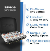 New BevPod Ultra Slim Cooler - Leak-proof 3 x 11 x 14" Small Mini Cooler for 10 Cans or 6 bottles – Portable Iceless Cooler for Picnics, Hiking, Camping, Beach, Travel, Park - Shoulder Strap & Ice Sheet included