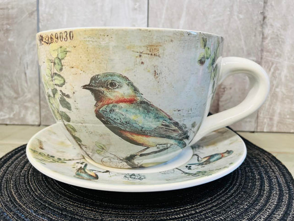 Oversized Jumbo Ceramic Bird Print Tea Cup Planter with large saucer! How awesome is this?? Home stager lot!