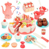 NEW 82Pcs DIY Cutting Birthday Cake Food Toys Pretend Playset-Light and Music with Candles, Dessert for Kids Toddlers