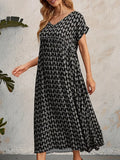 New All Over Print Dress, Casual V Neck Short Sleeve Dress Loose Fit Black, Sz L