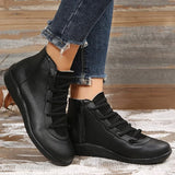 New Womens Boots Retro Shoelace PU Leather Flat Soft Sole Boots for Women Solid Color Round Toe Casual Ankle Boots Sz 8, Black
