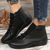 New Womens Boots Retro Shoelace PU Leather Flat Soft Sole Boots for Women Solid Color Round Toe Casual Ankle Boots Sz 8, Black
