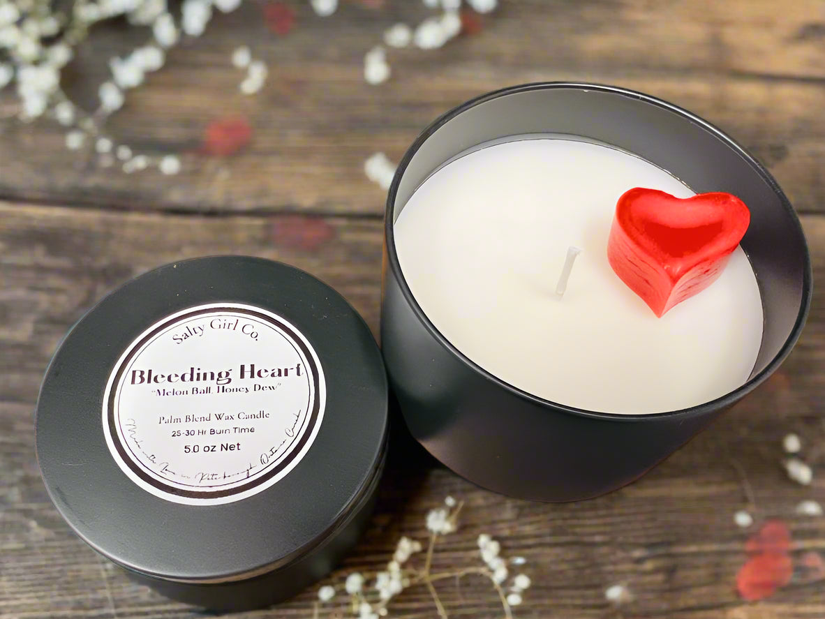 New Salty Girl Co. Bleeding Heart Hand Poured Palm Blend Wax Candle, 5 oz Net, 25-30 Hr Burn Time! Light the candle & watch the heart melt! Great gift for Valentine's