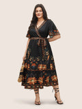 NEW Bloomchic Black Bandana Print Surplice Neck Flutter Sleeve Dress Sz 14/16