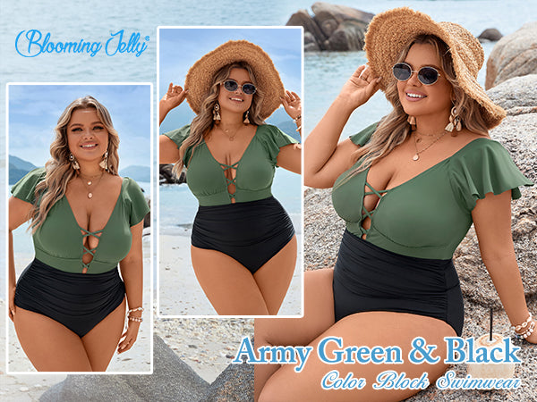 NEW Retails $55 Blooming Jelly Women's Plus Size One Piece Swimsuit Tummy Control Bathing Suit Vintage V Neck Swimwear, Olive Green and Black, Sz 4X