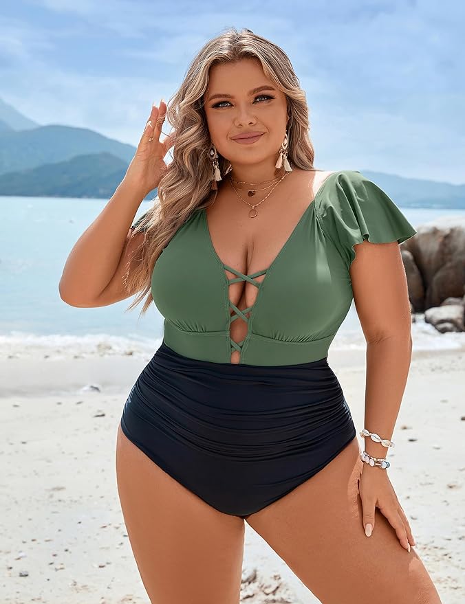 NEW Retails $55 Blooming Jelly Women's Plus Size One Piece Swimsuit Tummy Control Bathing Suit Vintage V Neck Swimwear, Olive Green and Black, Sz 4X