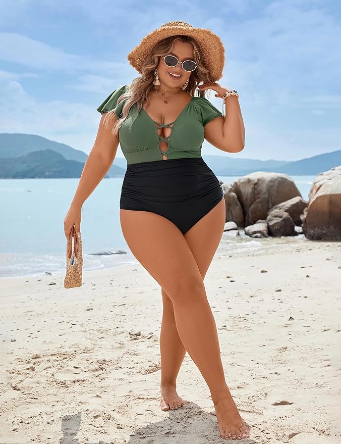 NEW Retails $55 Blooming Jelly Women's Plus Size One Piece Swimsuit Tummy Control Bathing Suit Vintage V Neck Swimwear, Olive Green and Black, Sz 4X