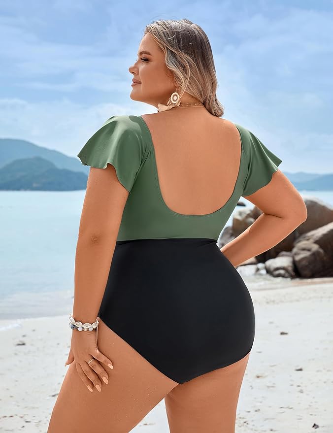 NEW Retails $55 Blooming Jelly Women's Plus Size One Piece Swimsuit Tummy Control Bathing Suit Vintage V Neck Swimwear, Olive Green and Black, Sz 4X