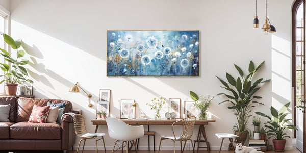 New Wall Art Blue Dandelion Wall Decor Floral Picture Modern Artwork Canvas Painting for Living Room Bedroom Dining Room Home Office Decor 20"x40"(50CMx100CM) with Frame