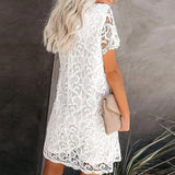 New Womens Summer Dresses White Floral Lace Crochet Bohemian Dress Round Neck Short Sleeve Loose Casual Shift Dress White Sz L