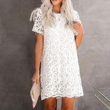 New Womens Summer Dresses White Floral Lace Crochet Bohemian Dress Round Neck Short Sleeve Loose Casual Shift Dress White Sz L