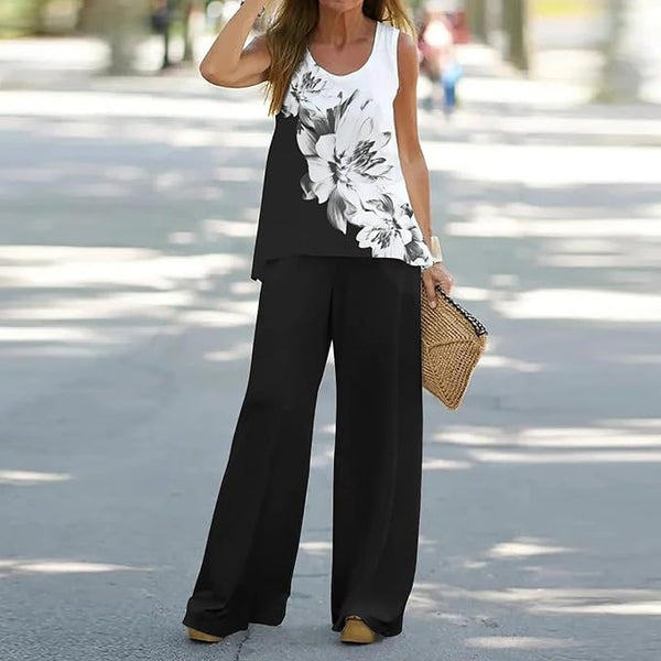 New Women's Summer Two Piece Outfits Sleeveless Tank Tops and Wide Leg Pants Set Boho Floral Print Sz XL