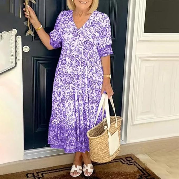 New V Neck Boho Dress, Summer Floral Print Beach Dress Purple Sz 2X