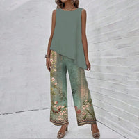 New Bovuf Green Floral Print Sleeveless Two Piece Pant Set sz L Retails $58+