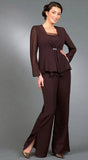 NEW Retails $82+ 2 Piece Dark Brown Elegant Mother of The Bride Pant Suit with side slits and Chiffon Lightweight Long Sleeve Jacket, Sz XL