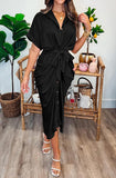 NEW Stunning BTFBM Women's Long Sleeve Lapel V Neck Button Down Black Dress Belted Elegant Ruched Spring Summer Maxi Shirt Dress - Size L - Retails $59+