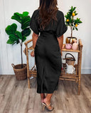 NEW Stunning BTFBM Women's Long Sleeve Lapel V Neck Button Down Black Dress Belted Elegant Ruched Spring Summer Maxi Shirt Dress - Size L - Retails $59+